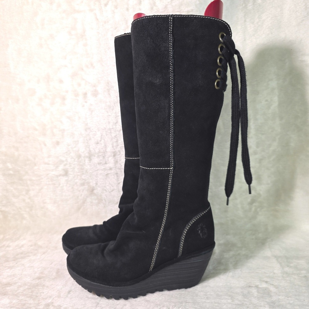 Fly London Yust Wedge Boots Black Suede Lace Up Womens 38 7 7.5 Excellent
